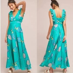 Anthropologie Green Satin Maxi Dress with Fish Print